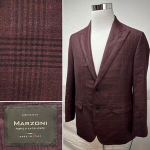 Marzoni Men's 42R Dark Red Plaid Slim Bespoke Unstructured Wool Blazer Jacket
